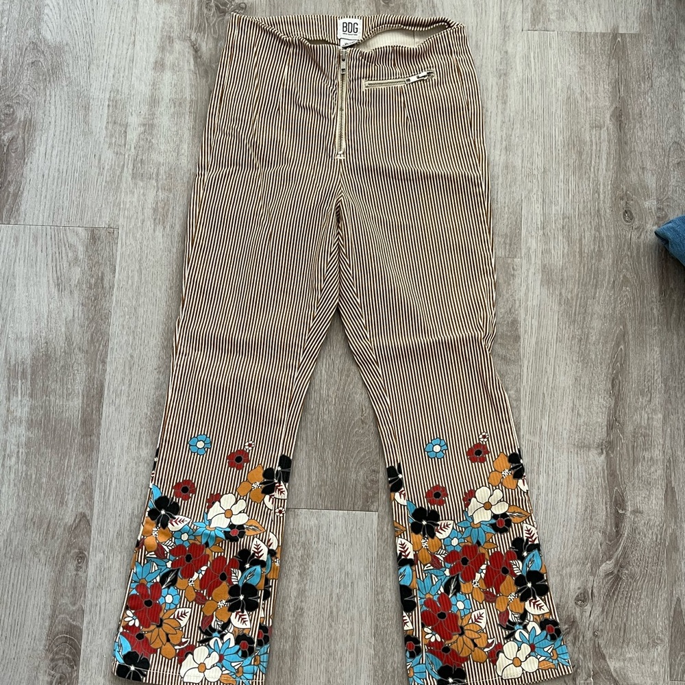 BDG Brown and White striped capris with flower print at bottom